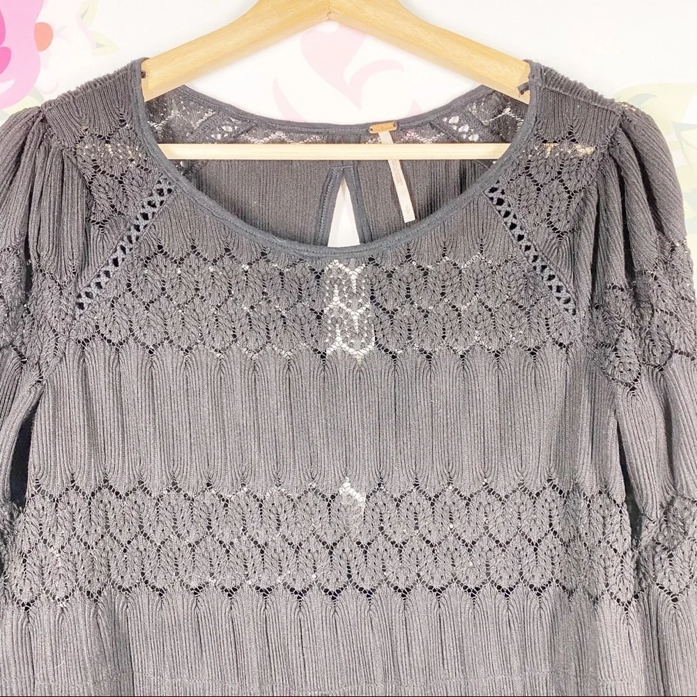 Free People Bohemian Boho Black Crochet Knit Blouse S